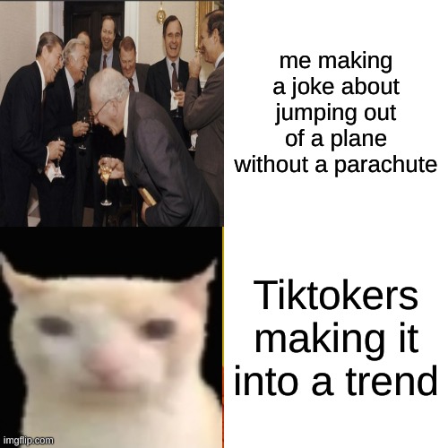 Drake Hotline Bling | me making a joke about jumping out of a plane without a parachute; Tiktokers making it into a trend | image tagged in memes,drake hotline bling | made w/ Imgflip meme maker