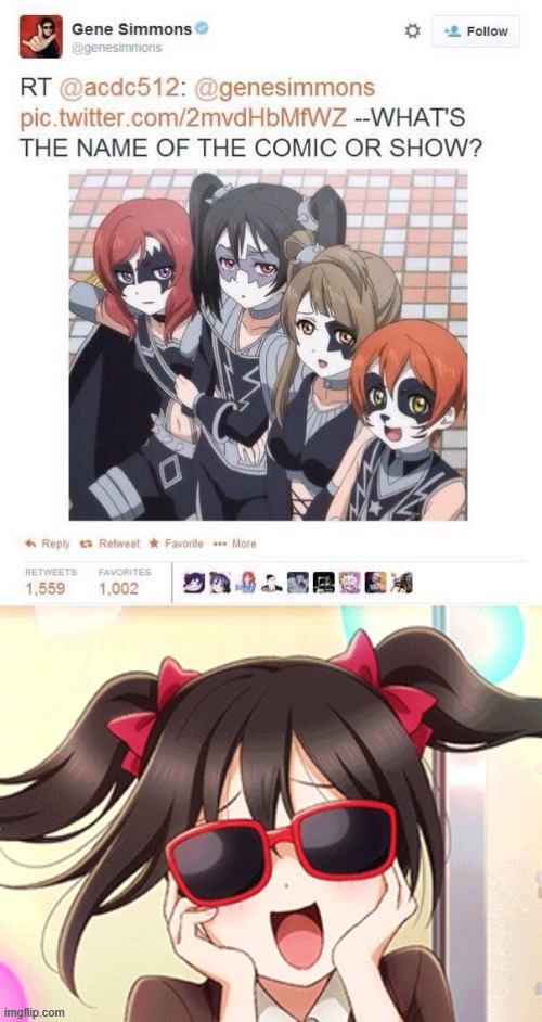 Gene Simmons react to Love Live's KISS reference | image tagged in kiss,love live,rock | made w/ Imgflip meme maker