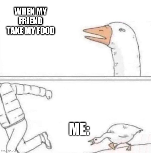 I know the meme isn’t good | WHEN MY FRIEND TAKE MY FOOD; ME: | image tagged in goose chase | made w/ Imgflip meme maker