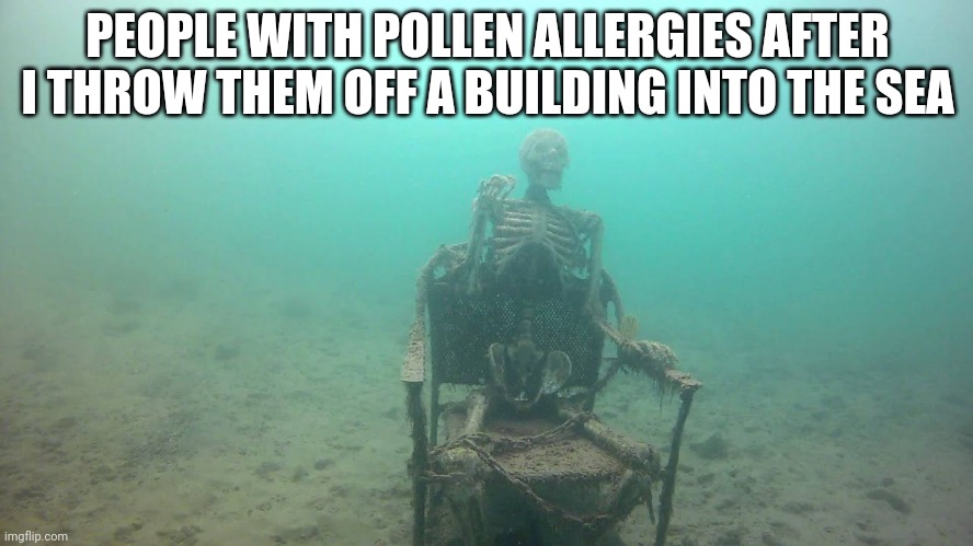 Eh | PEOPLE WITH POLLEN ALLERGIES AFTER I THROW THEM OFF A BUILDING INTO THE SEA | image tagged in skeleton underwater | made w/ Imgflip meme maker
