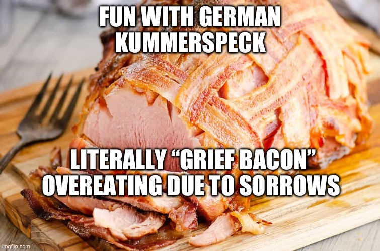 Kummerspeck | FUN WITH GERMAN
KUMMERSPECK; LITERALLY “GRIEF BACON”
OVEREATING DUE TO SORROWS | image tagged in food memes | made w/ Imgflip meme maker