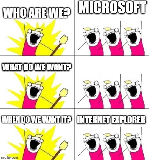 MICROSOFT | image tagged in what do we want 3 | made w/ Imgflip meme maker