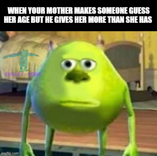 you don't look 50 ! ...uh 40 you say ? | WHEN YOUR MOTHER MAKES SOMEONE GUESS HER AGE BUT HE GIVES HER MORE THAN SHE HAS | image tagged in monsters inc | made w/ Imgflip meme maker