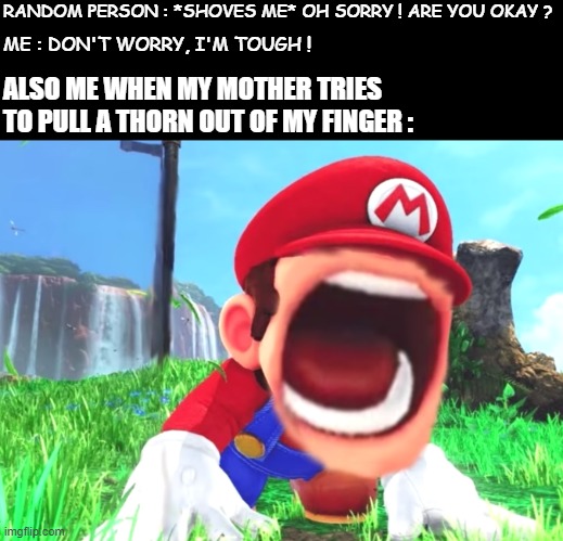 AAAAAAAAAAAAAAAAAAAAAAAAH | RANDOM PERSON : *SHOVES ME* OH SORRY ! ARE YOU OKAY ? ME : DON'T WORRY, I'M TOUGH ! ALSO ME WHEN MY MOTHER TRIES TO PULL A THORN OUT OF MY FINGER : | image tagged in mario screaming | made w/ Imgflip meme maker