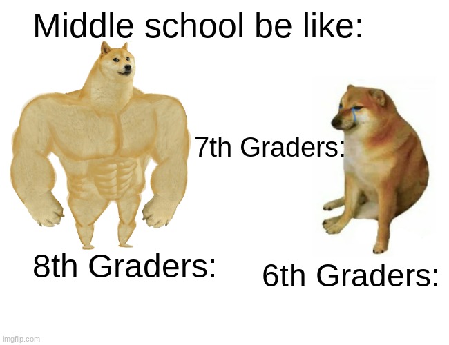 Nah but like 7th graders are not the oldest nor the youngest they be the middle child | Middle school be like:; 7th Graders:; 6th Graders:; 8th Graders: | image tagged in memes,buff doge vs cheems | made w/ Imgflip meme maker