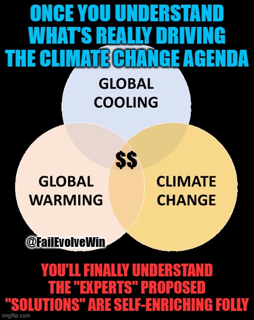 Climate Change | ONCE YOU UNDERSTAND WHAT'S REALLY DRIVING THE CLIMATE CHANGE AGENDA; YOU'LL FINALLY UNDERSTAND THE "EXPERTS" PROPOSED "SOLUTIONS" ARE SELF-ENRICHING FOLLY; @FailEvolveWin | image tagged in climate change | made w/ Imgflip meme maker