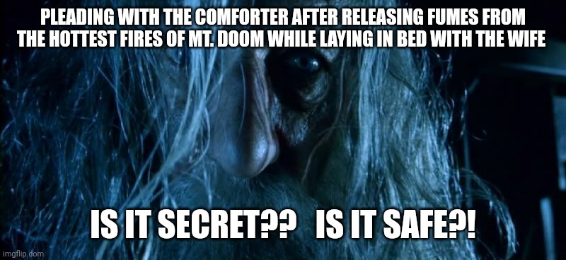 Is It Secret? Gandalf | PLEADING WITH THE COMFORTER AFTER RELEASING FUMES FROM THE HOTTEST FIRES OF MT. DOOM WHILE LAYING IN BED WITH THE WIFE; IS IT SECRET??   IS IT SAFE?! | image tagged in is it secret gandalf | made w/ Imgflip meme maker