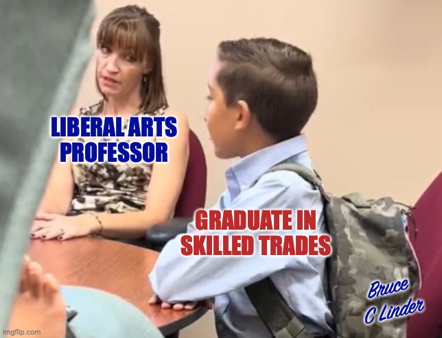 Gadsden Flag | LIBERAL ARTS
PROFESSOR; GRADUATE IN
SKILLED TRADES; Bruce
C Linder | image tagged in gadsden flag,vanguard schools,david versus goliath,student versus teacher,right versus dumb | made w/ Imgflip meme maker