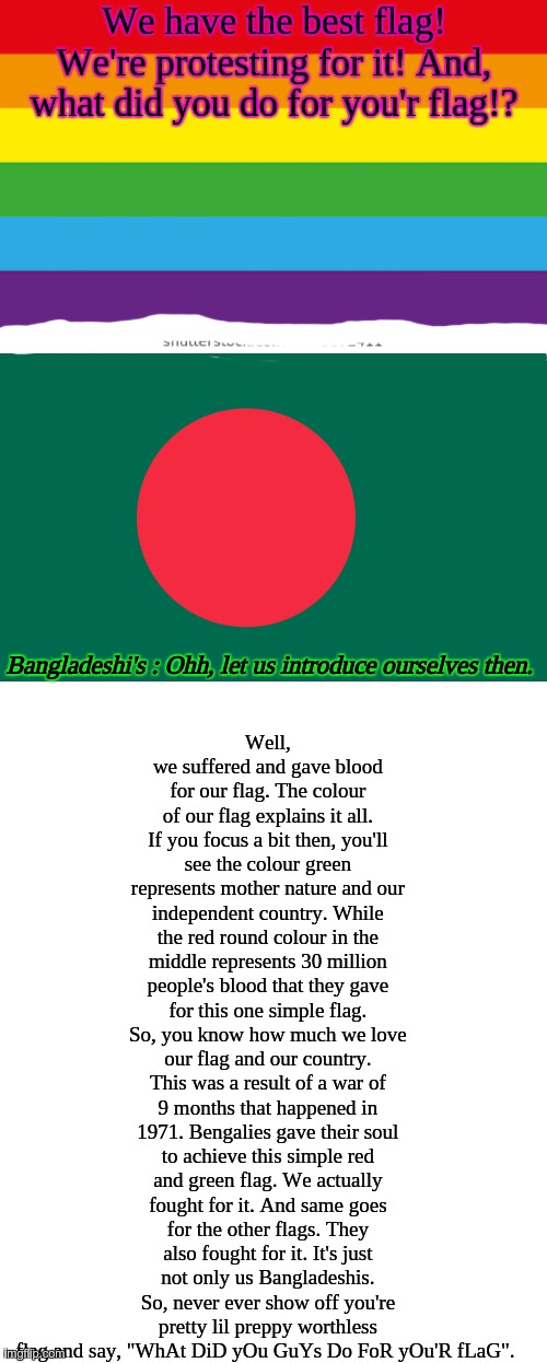 Bangladesh. | We have the best flag! We're protesting for it! And, what did you do for you'r flag!? Well, we suffered and gave blood for our flag. The colour of our flag explains it all. If you focus a bit then, you'll see the colour green represents mother nature and our independent country. While the red round colour in the middle represents 30 million people's blood that they gave for this one simple flag. So, you know how much we love our flag and our country. This was a result of a war of 9 months that happened in 1971. Bengalies gave their soul to achieve this simple red and green flag. We actually fought for it. And same goes for the other flags. They also fought for it. It's just not only us Bangladeshis. So, never ever show off you're pretty lil preppy worthless flag and say, "WhAt DiD yOu GuYs Do FoR yOu'R fLaG". Bangladeshi's : Ohh, let us introduce ourselves then. | image tagged in lgbtq,bangladesh | made w/ Imgflip meme maker