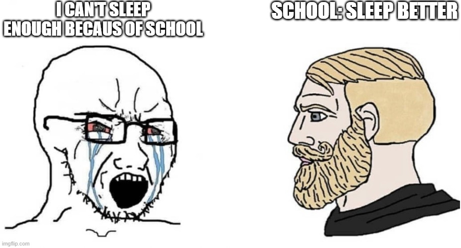 no sleep | I CAN'T SLEEP ENOUGH BECAUS OF SCHOOL; SCHOOL: SLEEP BETTER | image tagged in crying wojak vs chad | made w/ Imgflip meme maker