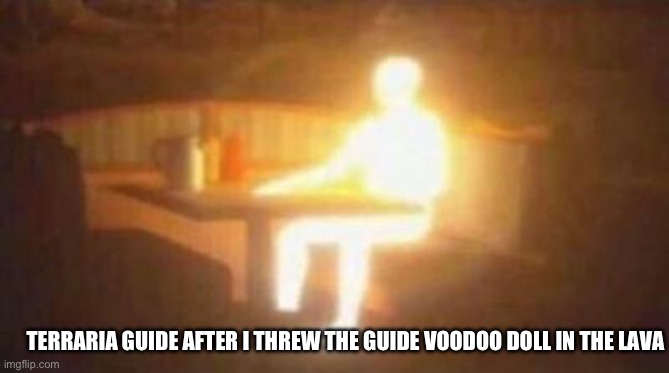 extremely bright person | TERRARIA GUIDE AFTER I THREW THE GUIDE VOODOO DOLL IN THE LAVA | image tagged in extremely bright person | made w/ Imgflip meme maker