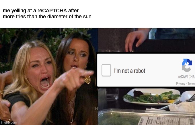 recaptcha be like | me yelling at a reCAPTCHA after more tries than the diameter of the sun | image tagged in memes,woman yelling at cat | made w/ Imgflip meme maker