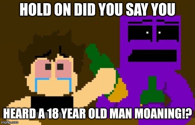 Did that 18 year old Dude Just MOAN | HOLD ON DID YOU SAY YOU; HEARD A 18 YEAR OLD MAN MOANING!? | image tagged in fnaf bar,sus,ayoo,woah,hold up wait a minute something aint right | made w/ Imgflip meme maker