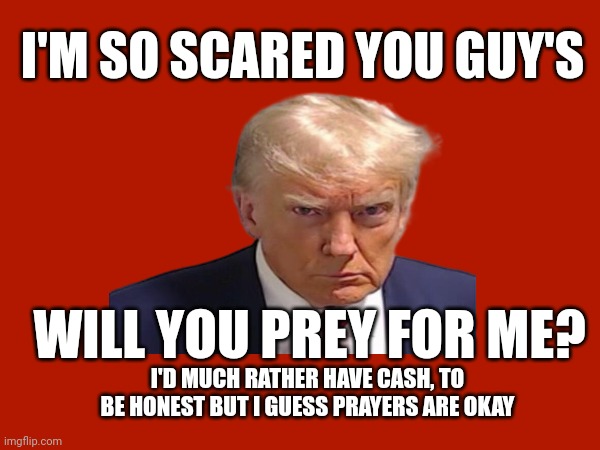 Pray for Trump | I'M SO SCARED YOU GUY'S; WILL YOU PREY FOR ME? I'D MUCH RATHER HAVE CASH, TO BE HONEST BUT I GUESS PRAYERS ARE OKAY | image tagged in trump,donald trump,prison,prayers,political humor | made w/ Imgflip meme maker