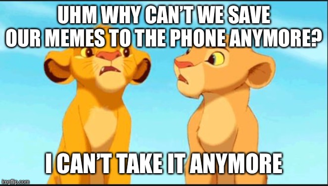 Yeah fr there’s a problem in imgflip | UHM WHY CAN’T WE SAVE OUR MEMES TO THE PHONE ANYMORE? I CAN’T TAKE IT ANYMORE | image tagged in confused lion king | made w/ Imgflip meme maker