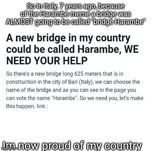 I found about this today | So in Italy, 7 years ago, because of the Harambe meme a bridge was ALMOST going to be called "bridge Harambe"; Im now proud of my country | image tagged in memes,wait what,harambe,bridge | made w/ Imgflip meme maker