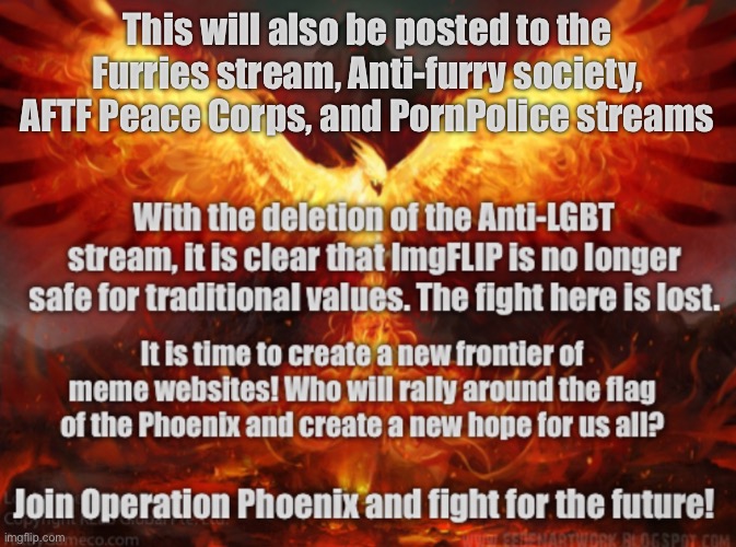 The time has come, rally around the Phoenix and Fight! | This will also be posted to the Furries stream, Anti-furry society, AFTF Peace Corps, and PornPolice streams | image tagged in phoenix | made w/ Imgflip meme maker