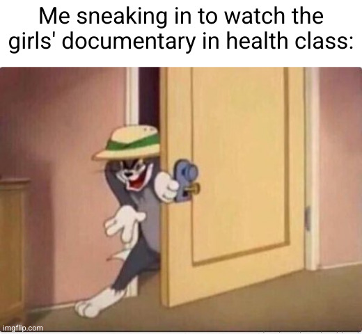 Meme #3,549 | Me sneaking in to watch the girls' documentary in health class: | image tagged in tom sneaking in a room,dark humor,sneaking,documentary,memes,health | made w/ Imgflip meme maker