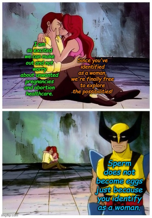 Never let science get in the way of a good time. | I am so excited we can make out and not worry about unwanted pregnancies and abortion healthcare. Since you've identified as a woman, we're finally free to explore the possibilities! Sperm does not become eggs just because you identify as a woman. | image tagged in couple makes out while wolverine looks disappointed | made w/ Imgflip meme maker