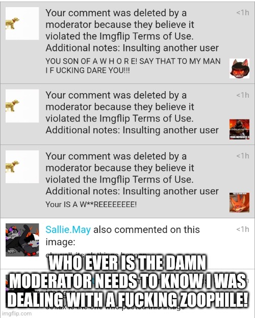 That's BULLSHIT! It's a goddamn zoophile! Not some normal person! Banned for 2 hours because of that. | WHO EVER IS THE DAMN MODERATOR NEEDS TO KNOW I WAS DEALING WITH A FUCKING ZOOPHILE! | image tagged in angry,war,anti furry,furry,mad | made w/ Imgflip meme maker