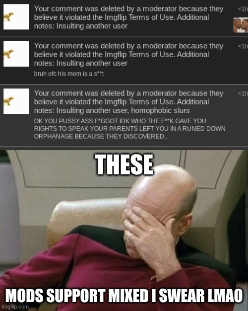 im not even mad. just dissapointed. i indeed skill iissued | THESE; MODS SUPPORT MIXED I SWEAR LMAO | image tagged in memes,captain picard facepalm | made w/ Imgflip meme maker