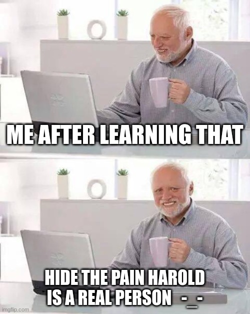 Hide No More | ME AFTER LEARNING THAT; HIDE THE PAIN HAROLD IS A REAL PERSON   -_- | image tagged in memes,hide the pain harold | made w/ Imgflip meme maker