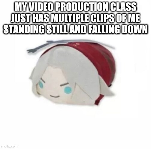 Dante plush | MY VIDEO PRODUCTION CLASS JUST HAS MULTIPLE CLIPS OF ME STANDING STILL AND FALLING DOWN | image tagged in dante plush | made w/ Imgflip meme maker