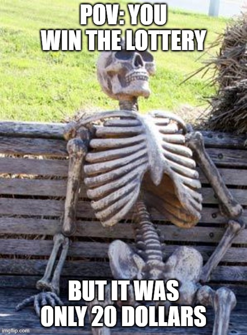 Waiting Skeleton | POV: YOU WIN THE LOTTERY; BUT IT WAS ONLY 20 DOLLARS | image tagged in memes,waiting skeleton | made w/ Imgflip meme maker