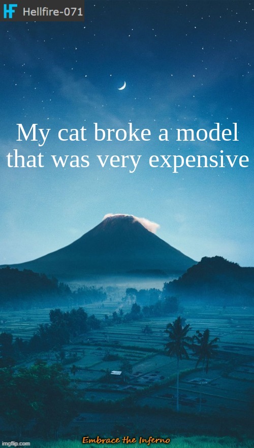 My cat broke a model that was very expensive | image tagged in hellfire-071 annoucement temp 2 | made w/ Imgflip meme maker