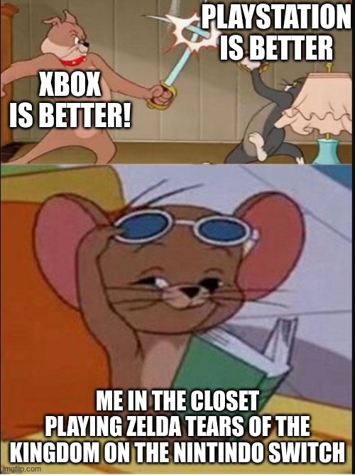 Console Wars | PLAYSTATION IS BETTER; XBOX IS BETTER! ME IN THE CLOSET PLAYING ZELDA TEARS OF THE KINGDOM ON THE NINTINDO SWITCH | image tagged in tom and spike fighting | made w/ Imgflip meme maker
