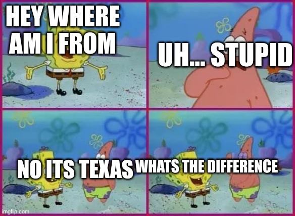 yup. yee haw. | UH... STUPID; HEY WHERE AM I FROM; NO ITS TEXAS; WHATS THE DIFFERENCE | image tagged in texas spongebob | made w/ Imgflip meme maker