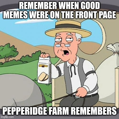 no offense to anyone, but the front page is just dominated by big users like Iceu, existent, Flick7, and meme making machine | REMEMBER WHEN GOOD MEMES WERE ON THE FRONT PAGE; PEPPERIDGE FARM REMEMBERS | image tagged in memes,pepperidge farm remembers | made w/ Imgflip meme maker