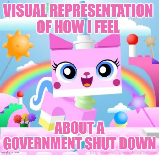 VISUAL REPRESENTATION 
OF HOW I FEEL; ABOUT A GOVERNMENT SHUT DOWN | image tagged in government,government shutdown,cuckoo kitty,lego movie | made w/ Imgflip meme maker