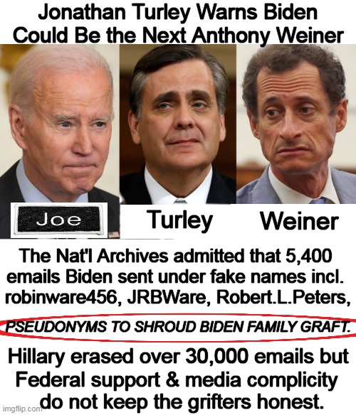 Let's call it 'Corruption of Government by Partisan Double Standards, Censorship, & Immorality From Within'. | Jonathan Turley Warns Biden
Could Be the Next Anthony Weiner; Weiner; Turley; The Nat'l Archives admitted that 5,400 

emails Biden sent under fake names incl. 

robinware456, JRBWare, Robert.L.Peters, PSEUDONYMS TO SHROUD BIDEN FAMILY GRAFT. Hillary erased over 30,000 emails but; Federal support & media complicity  
do not keep the grifters honest. | image tagged in politics,joe biden,jonathan turley,anthony weiner,hillary clinton,government corruption | made w/ Imgflip meme maker