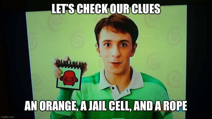 Let’s solve this! | LET’S CHECK OUR CLUES; AN ORANGE, A JAIL CELL, AND A ROPE | image tagged in memes,blues clues | made w/ Imgflip meme maker