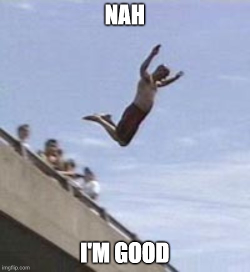 guy jumps off bridge | NAH I'M GOOD | image tagged in guy jumps off bridge | made w/ Imgflip meme maker