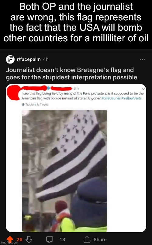 USA NUMERO UNO‼️ | Both OP and the journalist are wrong, this flag represents the fact that the USA will bomb other countries for a milliliter of oil | made w/ Imgflip meme maker