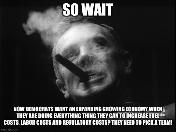 General Ripper (Dr. Strangelove) | SO WAIT NOW DEMOCRATS WANT AN EXPANDING GROWING ECONOMY WHEN THEY ARE DOING EVERYTHING THING THEY CAN TO INCREASE FUEL COSTS, LABOR COSTS AN | image tagged in general ripper dr strangelove | made w/ Imgflip meme maker