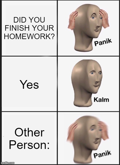 Panik Kalm Panik Meme | DID YOU FINISH YOUR HOMEWORK? Yes Other Person: | image tagged in memes,panik kalm panik | made w/ Imgflip meme maker