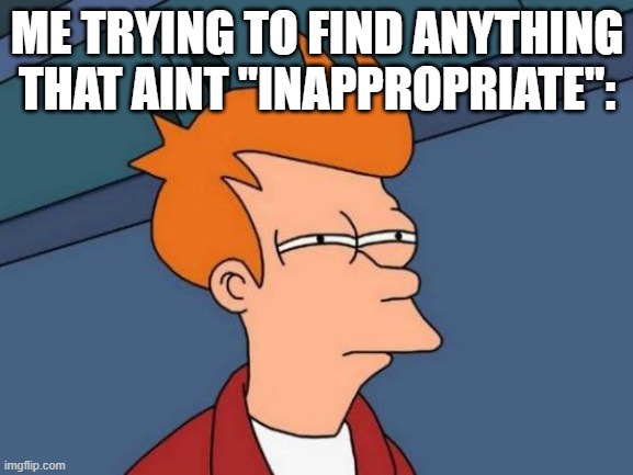 no srsly | ME TRYING TO FIND ANYTHING THAT AINT "INAPPROPRIATE": | image tagged in memes,futurama fry | made w/ Imgflip meme maker