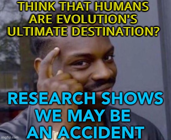 We May Be An Accident | THINK THAT HUMANS ARE EVOLUTION'S ULTIMATE DESTINATION? RESEARCH SHOWS 
WE MAY BE 
AN ACCIDENT | image tagged in black guy pointing at head | made w/ Imgflip meme maker