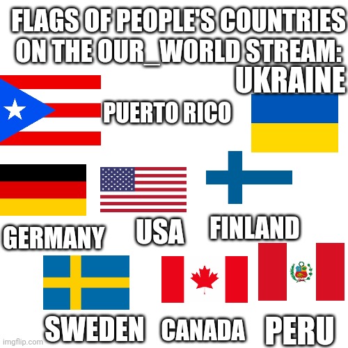 More on the stream in comments | FLAGS OF PEOPLE'S COUNTRIES ON THE OUR_WORLD STREAM:; UKRAINE; PUERTO RICO; FINLAND; GERMANY; USA; SWEDEN; PERU; CANADA | image tagged in countries,ello | made w/ Imgflip meme maker
