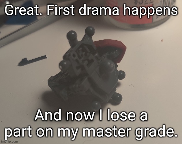 It wasn't an essential piece. It can (probably) still function without it. Still annoying though. | Great. First drama happens; And now I lose a part on my master grade. | made w/ Imgflip meme maker