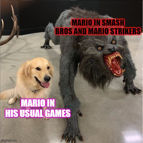 Mario in other games | MARIO IN SMASH BROS AND MARIO STRIKERS; MARIO IN HIS USUAL GAMES | image tagged in dog vs werewolf | made w/ Imgflip meme maker