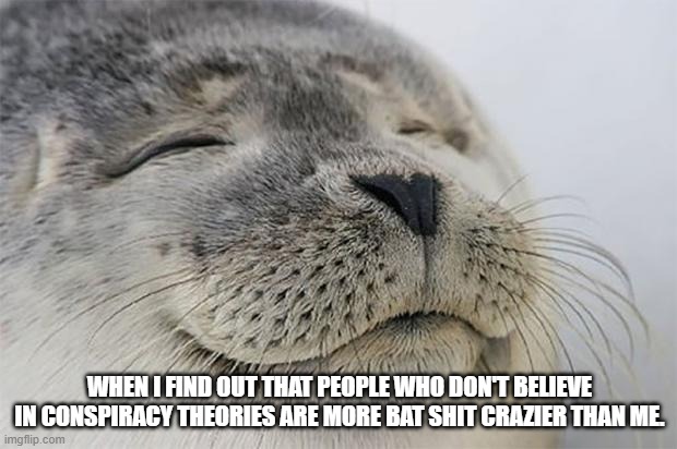 Satisfied Seal Meme | WHEN I FIND OUT THAT PEOPLE WHO DON'T BELIEVE IN CONSPIRACY THEORIES ARE MORE BAT SHIT CRAZIER THAN ME. | image tagged in memes,satisfied seal | made w/ Imgflip meme maker