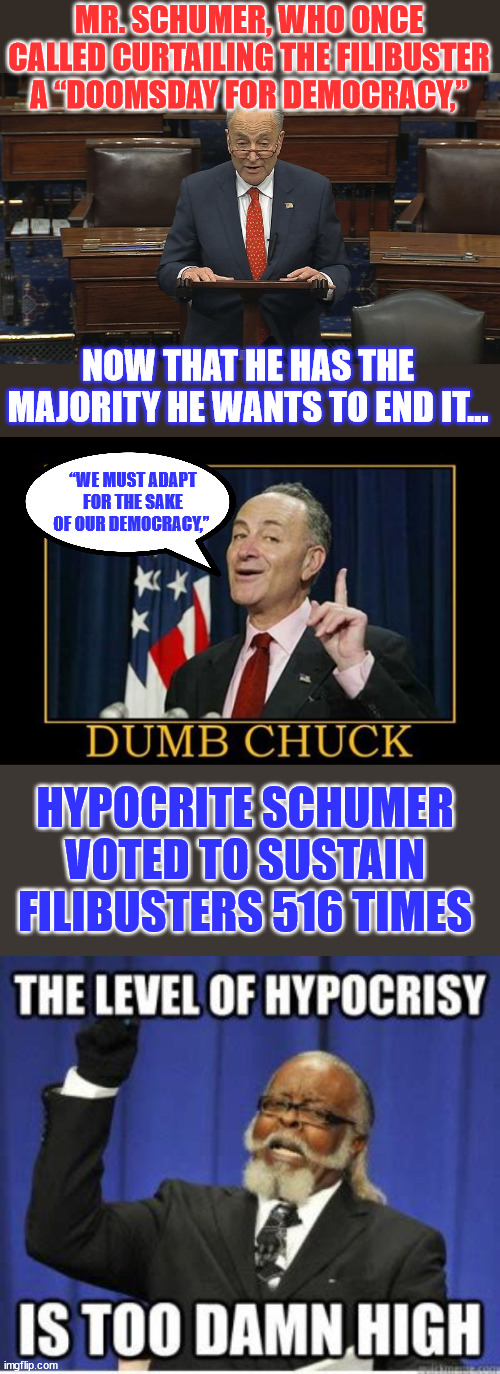 Hypocrite Schumer... | MR. SCHUMER, WHO ONCE CALLED CURTAILING THE FILIBUSTER A “DOOMSDAY FOR DEMOCRACY,”; NOW THAT HE HAS THE MAJORITY HE WANTS TO END IT... “WE MUST ADAPT FOR THE SAKE OF OUR DEMOCRACY,”; HYPOCRITE SCHUMER VOTED TO SUSTAIN FILIBUSTERS 516 TIMES | image tagged in hypocrite,chuck schumer | made w/ Imgflip meme maker