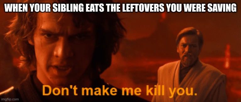 Its the most annoying thing when they do | WHEN YOUR SIBLING EATS THE LEFTOVERS YOU WERE SAVING | image tagged in don't make me kill you meme template anakin | made w/ Imgflip meme maker