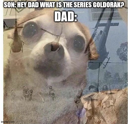 For Veterans | DAD:; SON: HEY DAD WHAT IS THE SERIES GOLDORAK? | image tagged in ptsd chihuahua | made w/ Imgflip meme maker