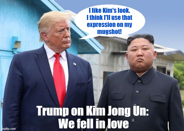 Donny and Kimmy | I like Kim's look.
I think I'll use that
expression on my
mugshot! Trump on Kim Jong Un:
 We fell in love | image tagged in donald trump,kim jong un,i love you,donald trump mugshot | made w/ Imgflip meme maker