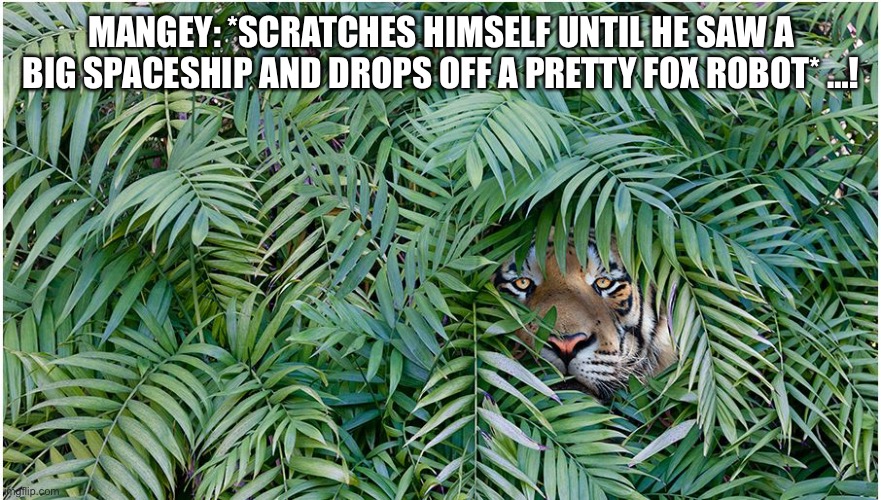 Mangey and Mari-na | MANGEY: *SCRATCHES HIMSELF UNTIL HE SAW A BIG SPACESHIP AND DROPS OFF A PRETTY FOX ROBOT* …! | image tagged in jungle tiger | made w/ Imgflip meme maker